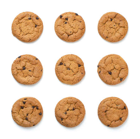 Row homemade oatmeal cookies isolated on white backgroundの写真素材