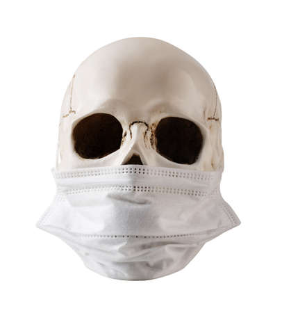 Skull with protective medicine mask isolated on white background.の写真素材