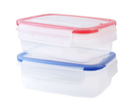 Plastic food storage containers isolated on white backgroundの写真素材