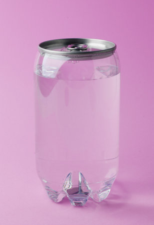 Blank transparent packaging beverage can for mock-up isolated on pink background. For design.