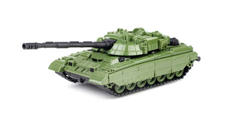 Green toy plastic tank isolated on white backgroundの写真素材