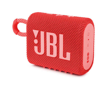 SAMARA, RUSSIA - SEPTEMBER 7 2021: Musical column JBL red isolated on a white background. JBL GO 2. Portable Bluetooth speaker.のeditorial素材