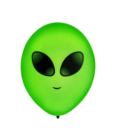 Green air flying balloon with alien smile isolated on white backgroundの写真素材