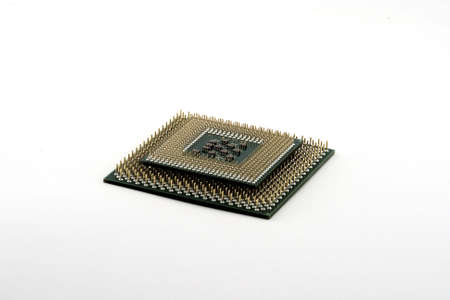 Smaller CPU ontop of larger one presented on a white backgroundの写真素材