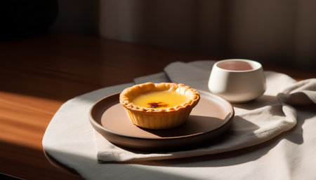 Delicious egg tart served on a plate with a cup of coffeeの素材