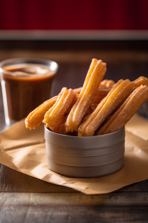 Churros with coffee on wooden background. Selective focus.の素材