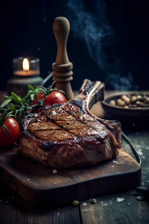 Grilled rib eye steak with herbs and spices on a wooden boardの素材