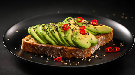Avocado toast on black plate, closeup. Healthy food conceptの素材
