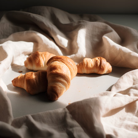 Freshly baked croissants on a white tablecloth, selective focusの素材