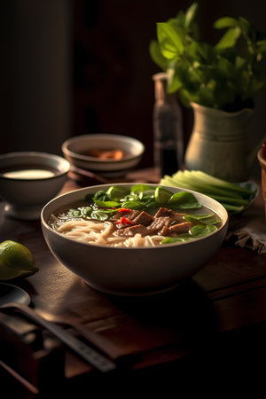 Bowl of Asian noodle soup with beef and vegetables on wooden tableの素材