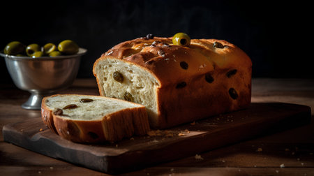 loaf of bread with olives and olive oil on a wooden boardの素材