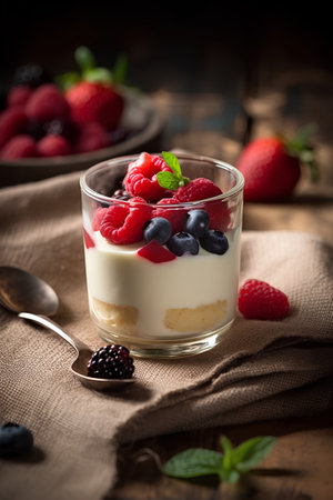 Tiramisu with fresh berries in a glass on wooden backgroundの素材