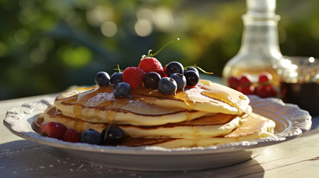 Pancakes with berries and maple syrup on wooden table in gardenの素材