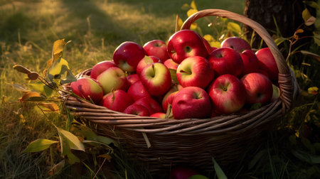 Wicker basket with red apples on green grass. Autumn harvest.の素材