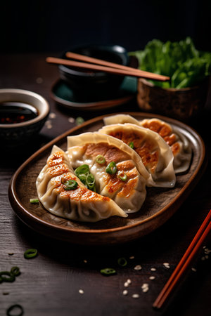 Gyoza or dumplings with meat and vegetables on wooden plateの素材