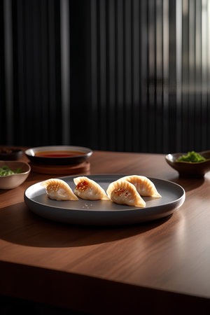 Fried dumplings on a plate with soy sauce on a wooden tableの素材