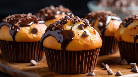 Chocolate muffins with chocolate glaze on wooden background. Selective focus.の素材