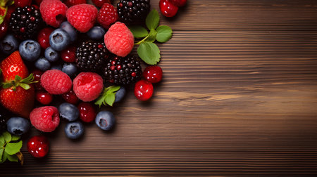 Mix of fresh berries on wooden background. Top view with copy spaceの素材