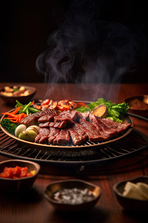 Slices of grilled beef with vegetables on a grill with smokeの素材