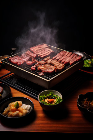 Grilled beef on charcoal grill with vegetables on dark background, close upの素材