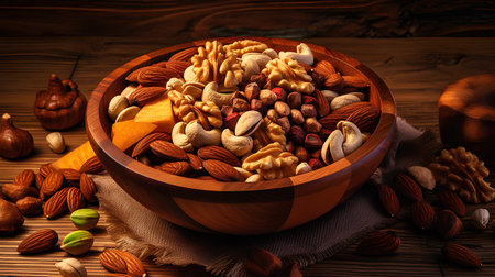 Mixed nuts in wooden bowl on wooden background. Top view.の素材