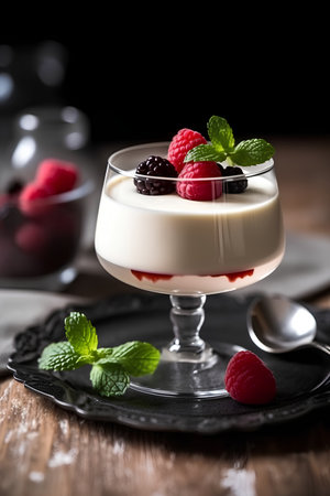 Panna cotta with fresh raspberries and mint, selective focusの素材