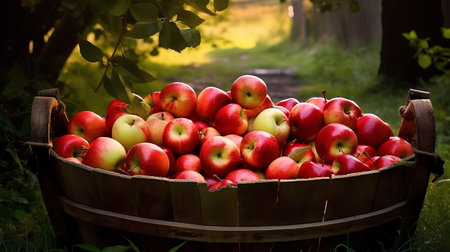 Ripe red apples in a wooden basket on a background of green grass.の素材