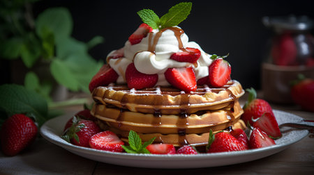 Belgian waffles with strawberries and whipped cream on a wooden backgroundの素材