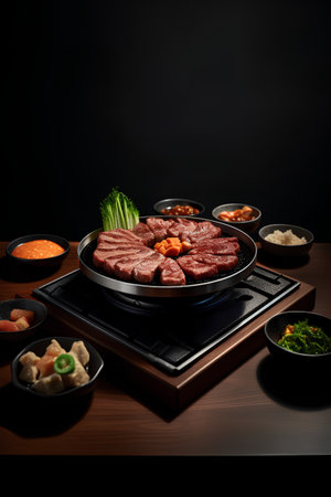 Japanese cuisine, beef and vegetables in a wok on a dark backgroundの素材