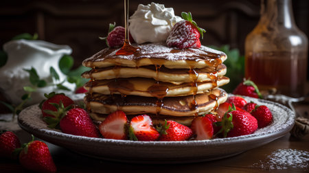 Pancakes with strawberries and whipped cream on a wooden background.の素材