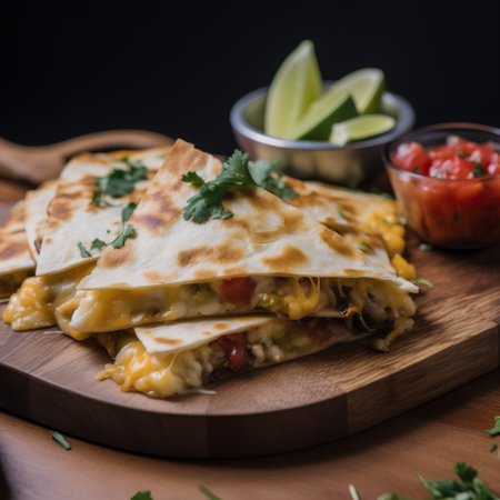 Traditional mexican quesadilla with vegetables and cheese on wooden boardの素材