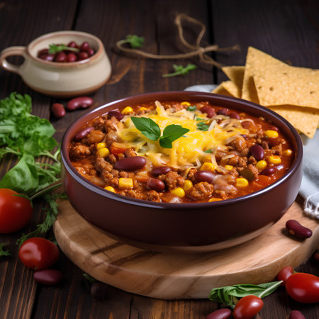 Traditional mexican chili con carne in bowl on wooden backgroundの素材