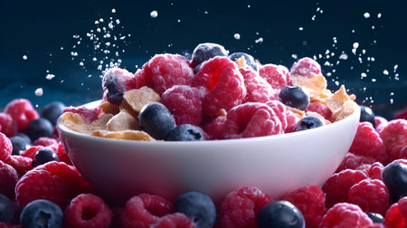 Healthy breakfast with cornflakes, berries and milk on dark backgroundの素材