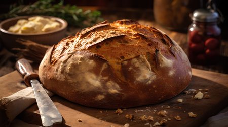 Freshly baked homemade sourdough bread with butter, selective focusの素材