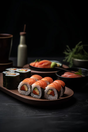 Sushi set on black background. Sushi roll with salmon, avocado, cucumber and cream cheese.の素材