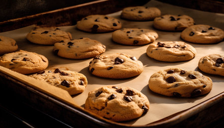 Chocolate chip cookies on a baking sheet. Selective focus. Toned.の素材