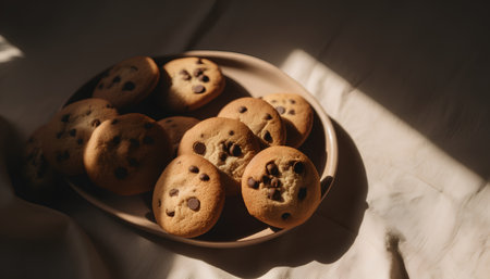 Chocolate chip cookies in a plate on the table. Selective focus.の素材
