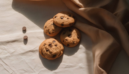 Chocolate chip cookies on a linen tablecloth. Toned.の素材