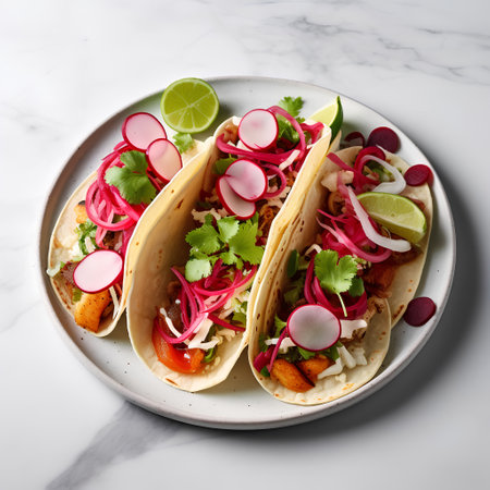 Mexican tacos with chicken and vegetables on white marble background. Top viewの素材
