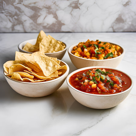 Bowls with mexican salsa, nachos and tortilla chipsle backgroundの素材