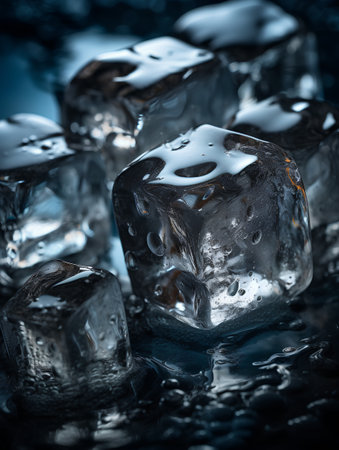 Ice cubes on dark blue background. Shallow depth of field. Toned.の素材