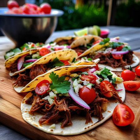 Traditional mexican tacos with beef and vegetables on a wooden boardの素材