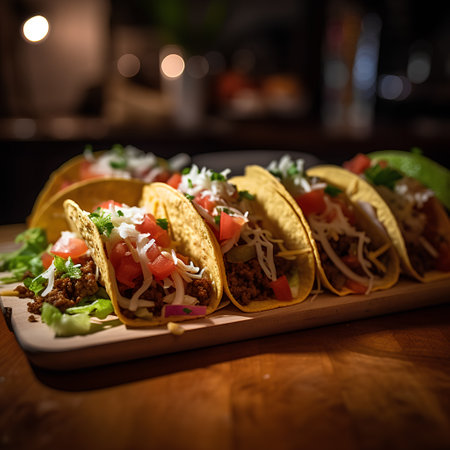 Mexican tacos with beef, cheese and vegetables on wooden board.の素材