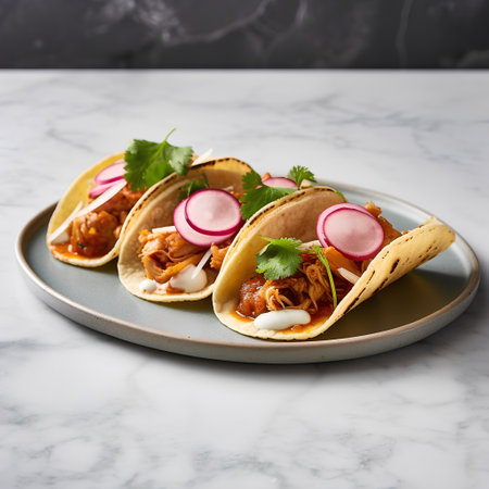 Traditional mexican tacos with chicken meat and vegetables on white marble backgroundの素材