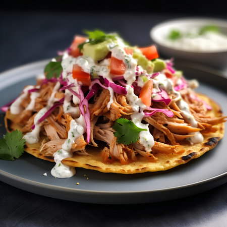 Mexican tacos with tuna, avocado, red onion, cilantro and sour creamの素材