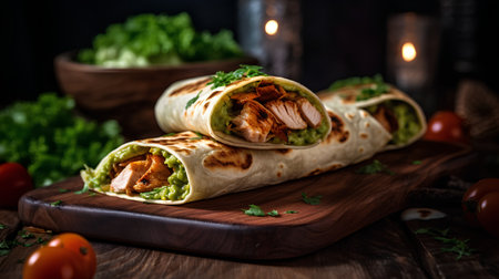 Kebab with chicken, cheese and herbs on a wooden backgroundの素材