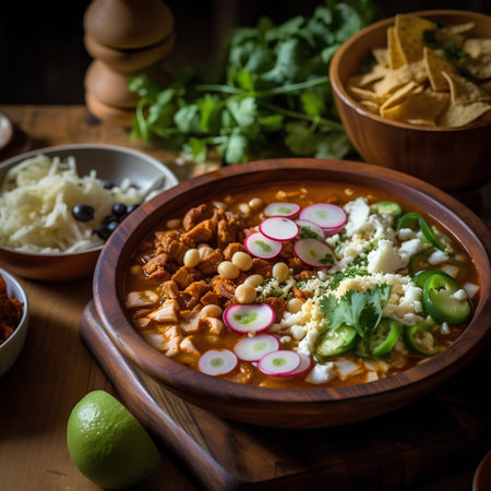 Traditional mexican chili con carne in bowl on wooden backgroundの素材