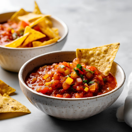 Traditional mexican salsa with corn nachos, selective focus imageの素材