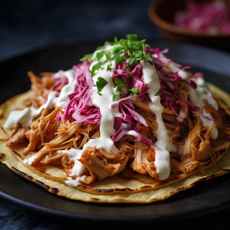 Traditional mexican tacos with coleslaw and sour cream on dark backgroundの素材