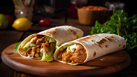 Tortilla wrap with chicken and vegetables on a wooden background.の素材